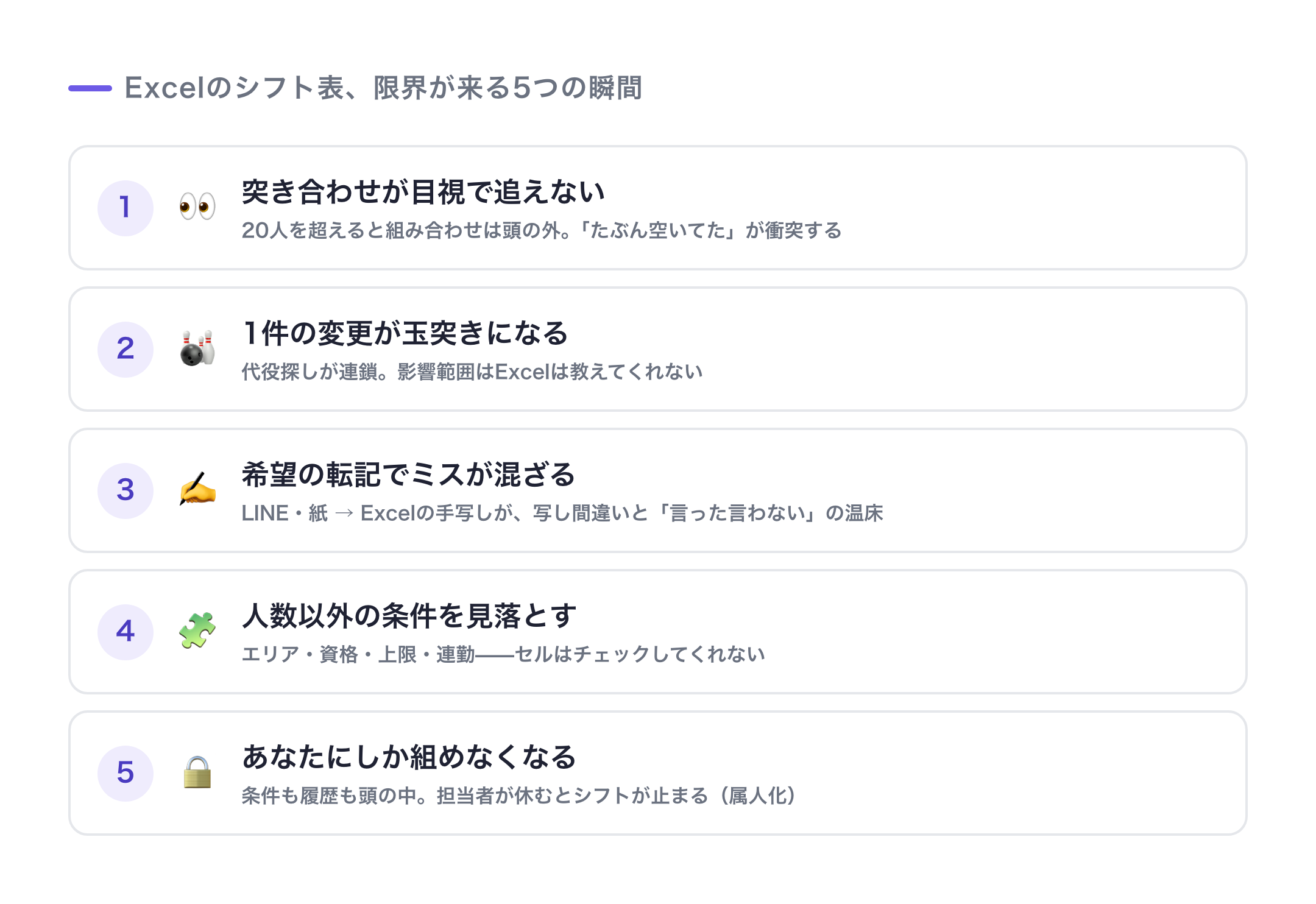 Excelシフト表の限界が来る5つの瞬間：突き合わせが追えない・変更の玉突き・転記ミス・条件の見落とし・属人化