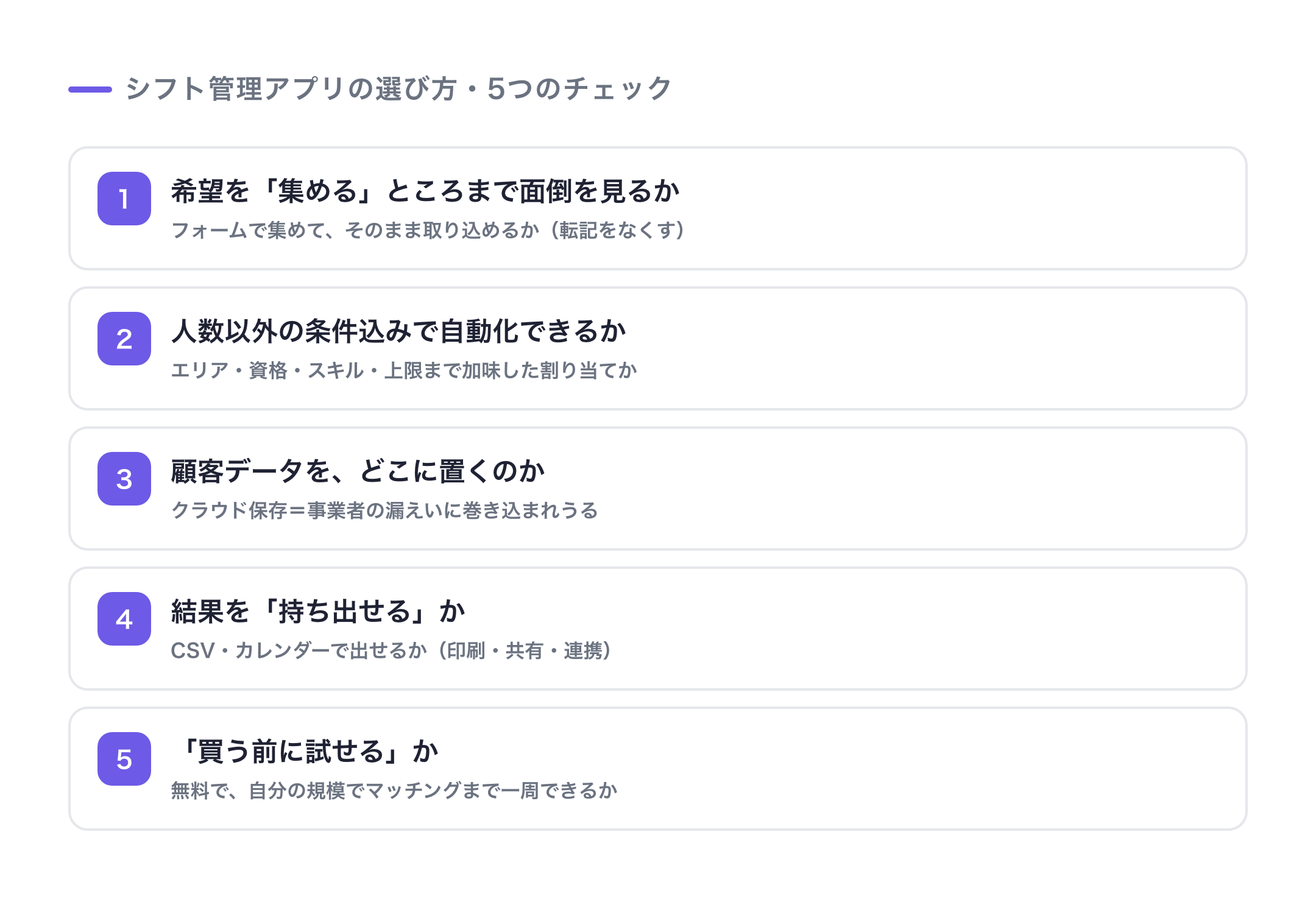 シフト管理アプリの選び方5つ:希望の集め方・条件込み自動化・データの置き場所・持ち出し・試せるか
