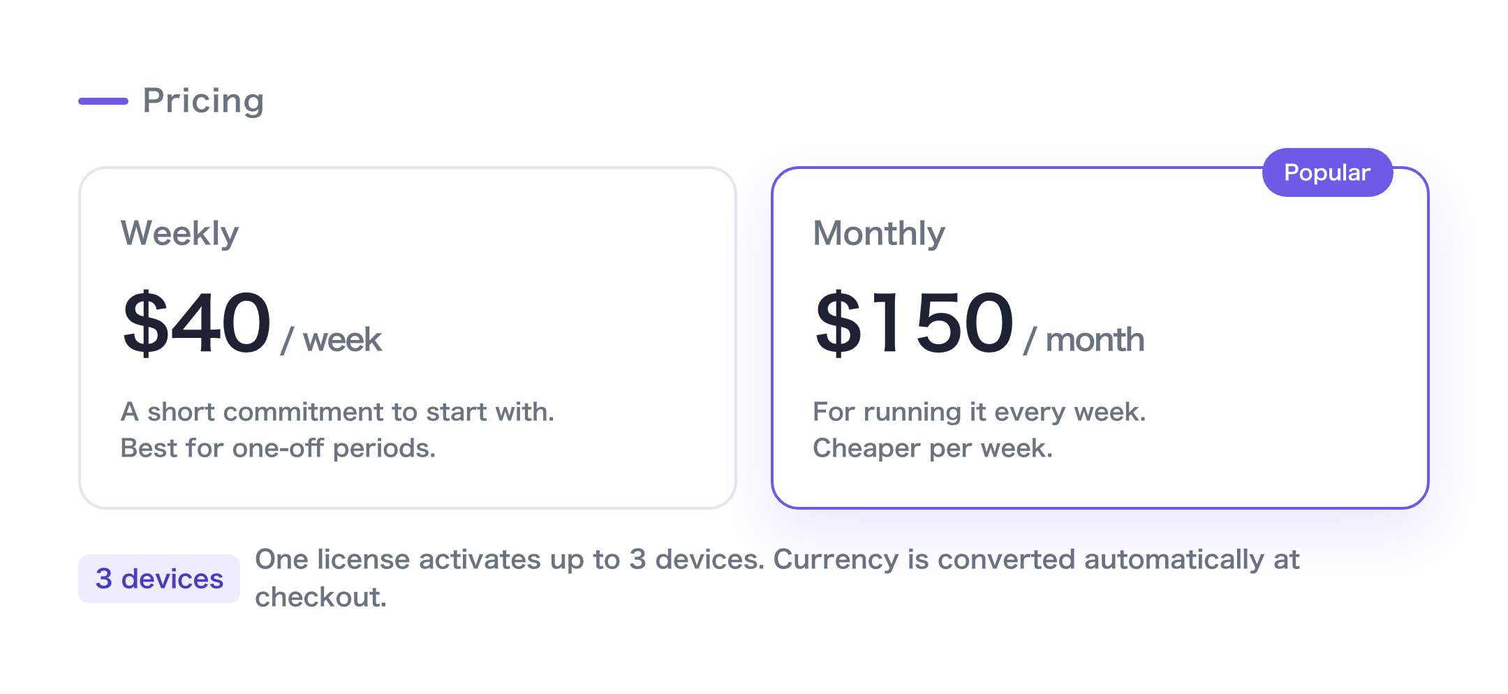Pricing: Weekly plan $40/week, Monthly plan $150/month, one license activates on up to 3 devices