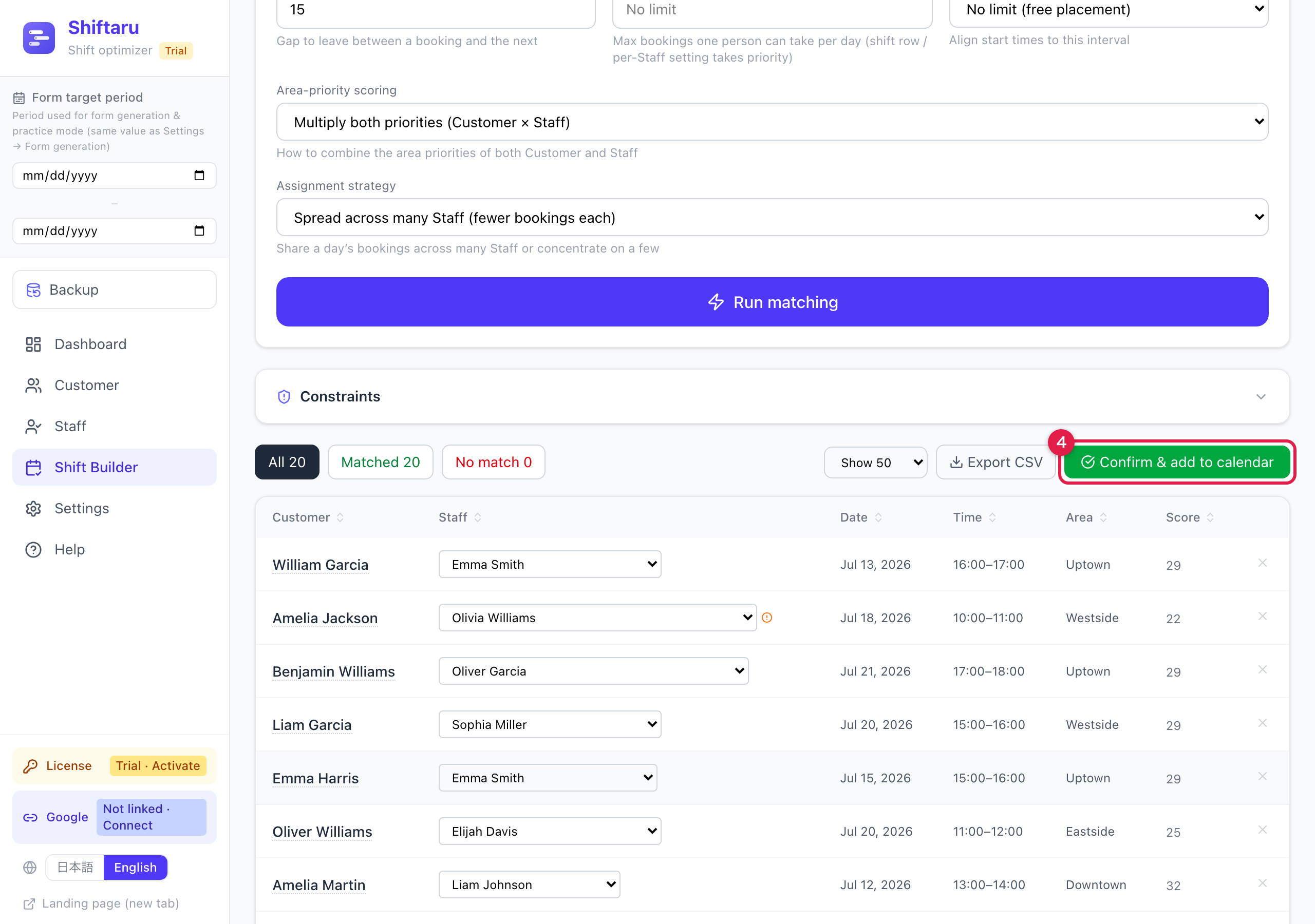 Summary showing 20 matched, 0 unmatched, and the Confirm & add to calendar button