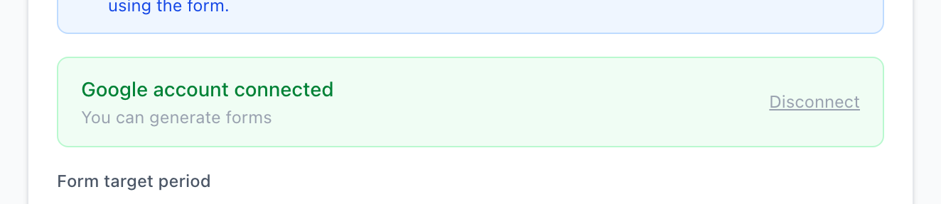 Green "Google account connected" banner