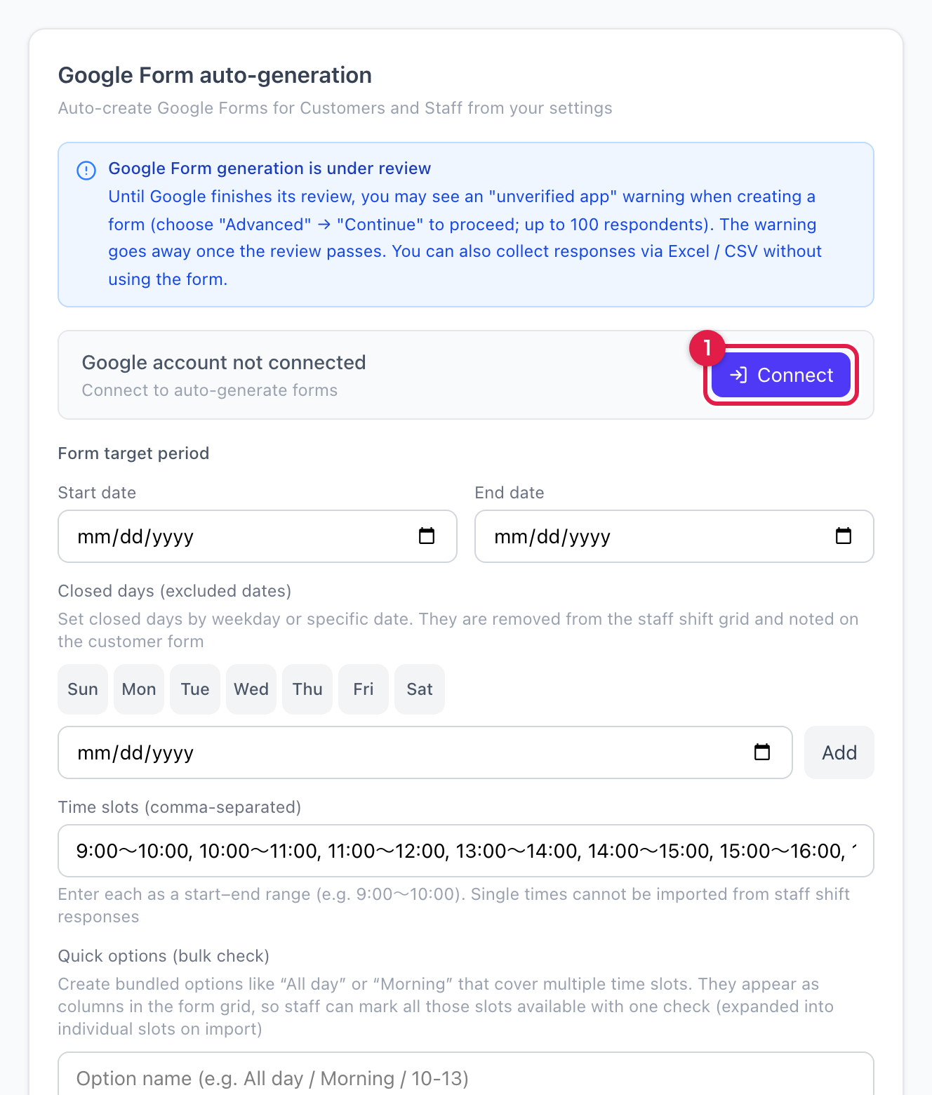 The Form generation tab showing the "Google account not connected" card and the Connect button