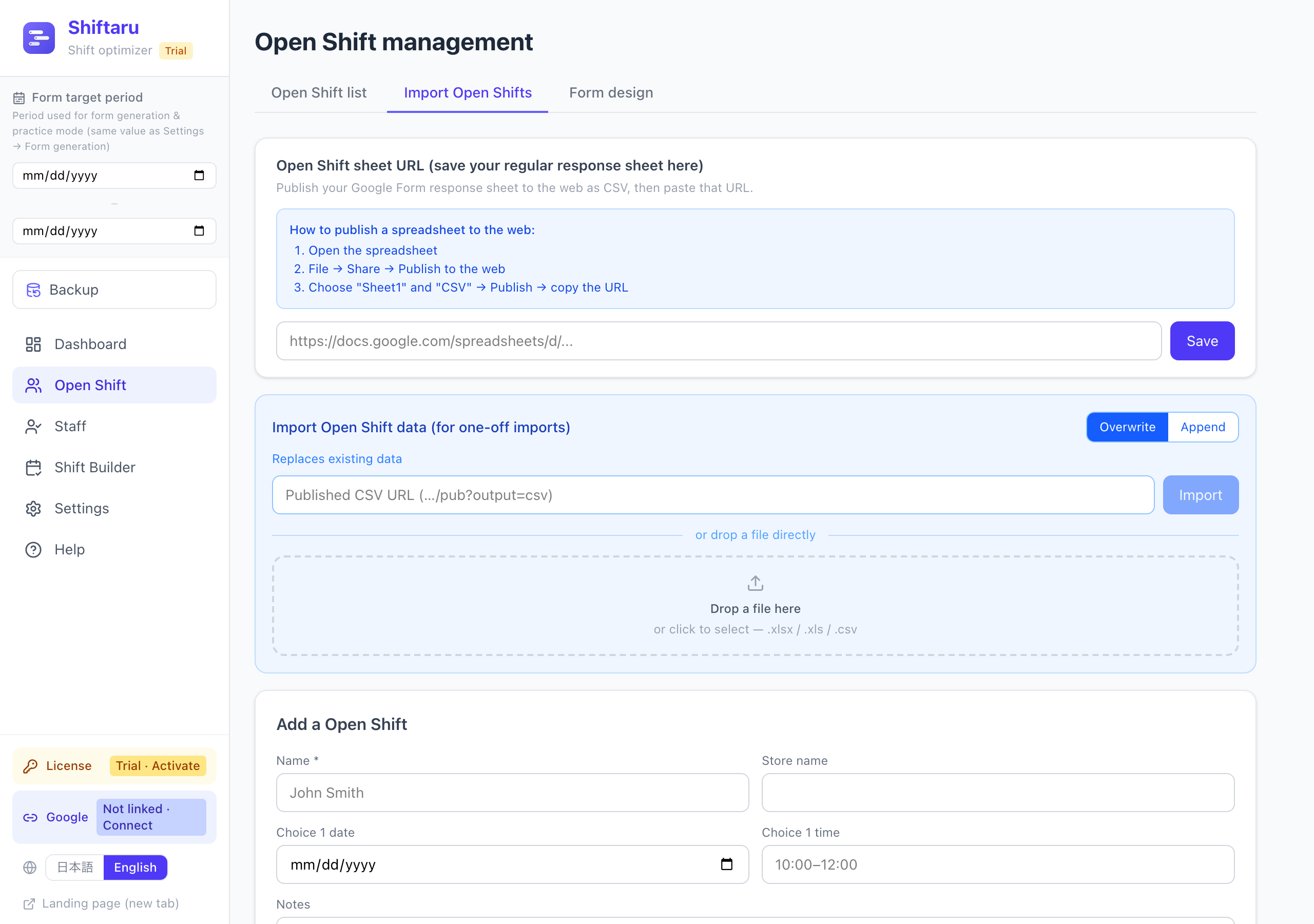 The Import Open Shifts tab: import open slots by URL, file, or manually