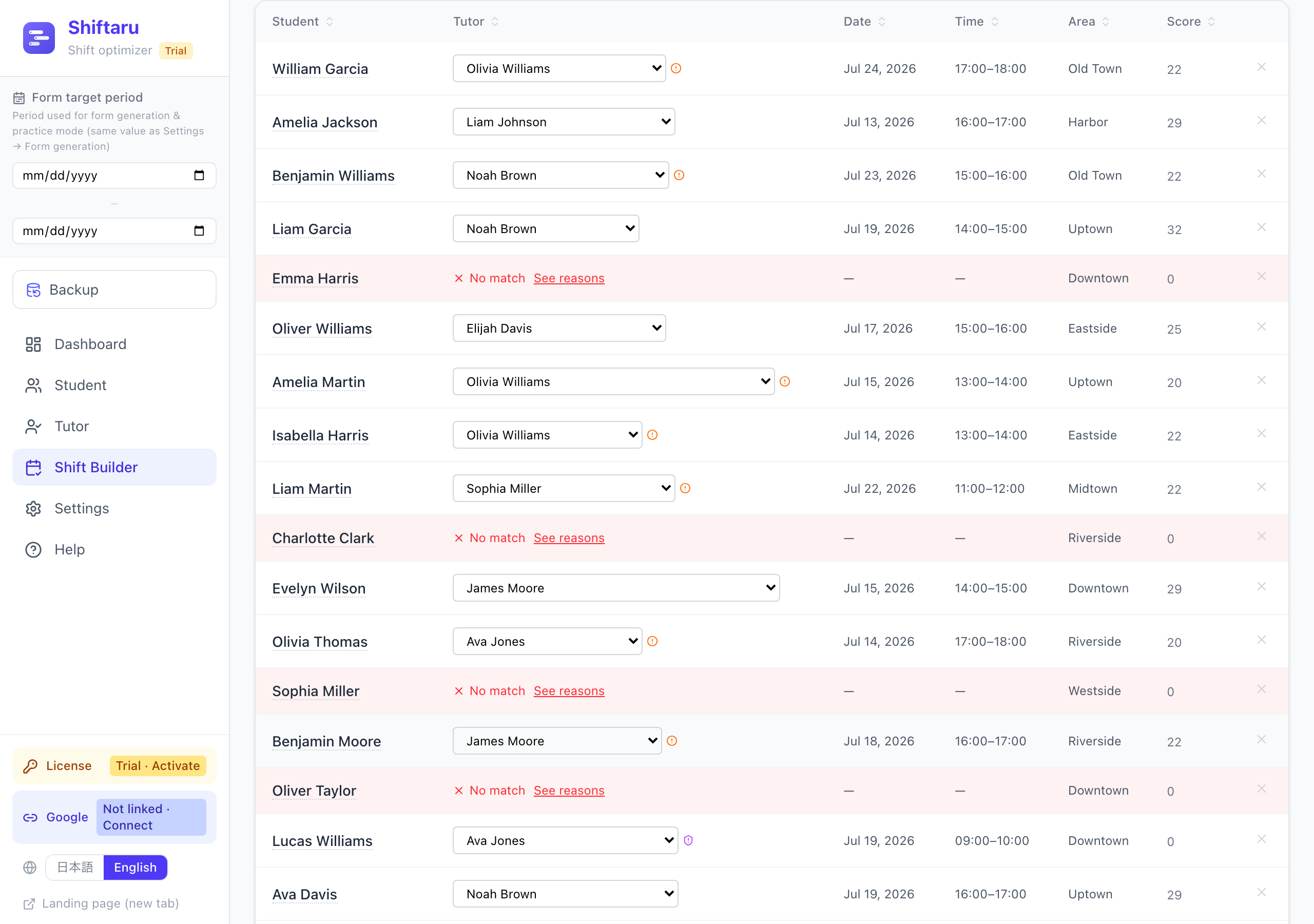Tutoring results table with Student and Tutor columns, and a See reasons link on unmatched rows