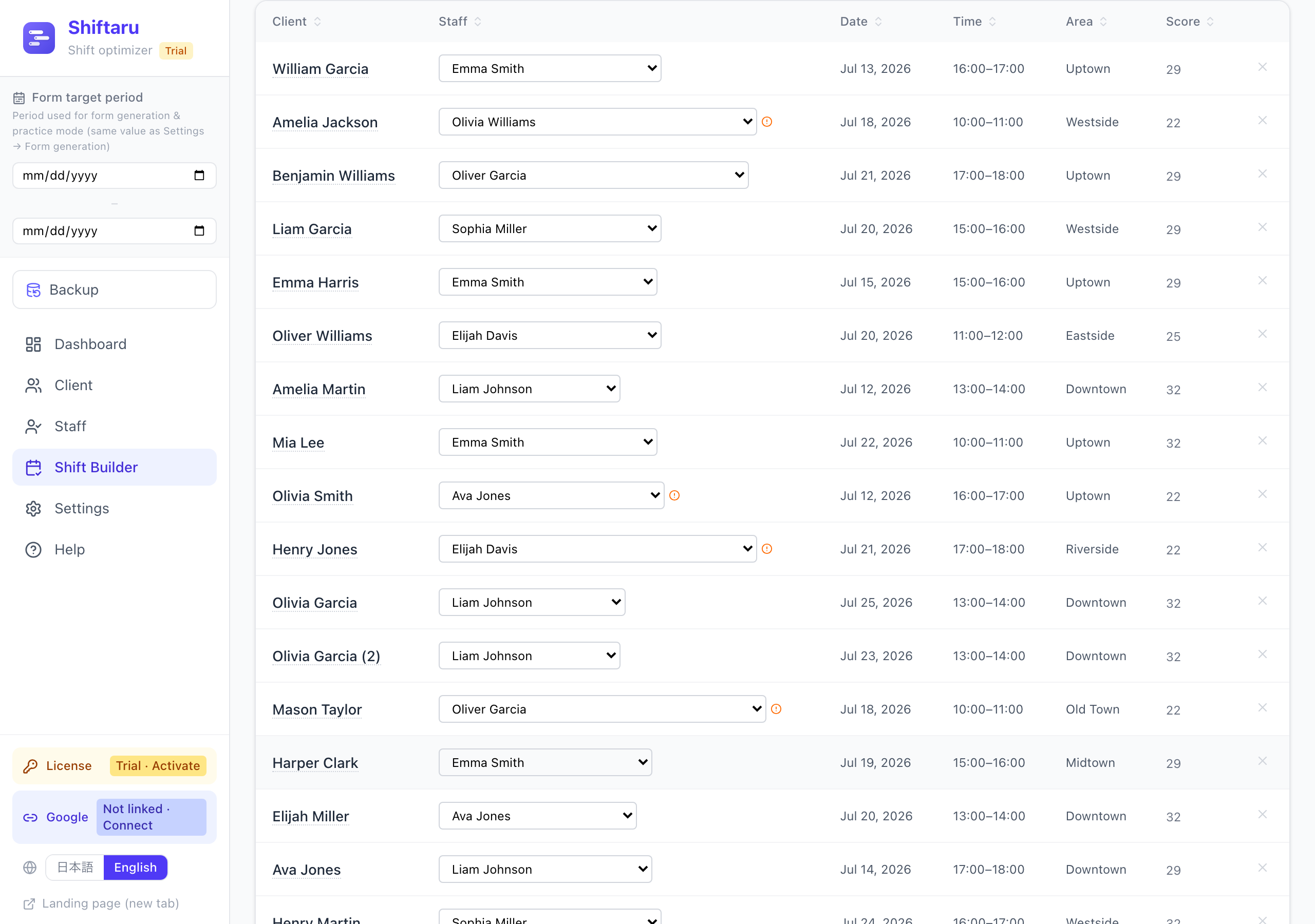 Home & visit services results table with Client and Staff columns