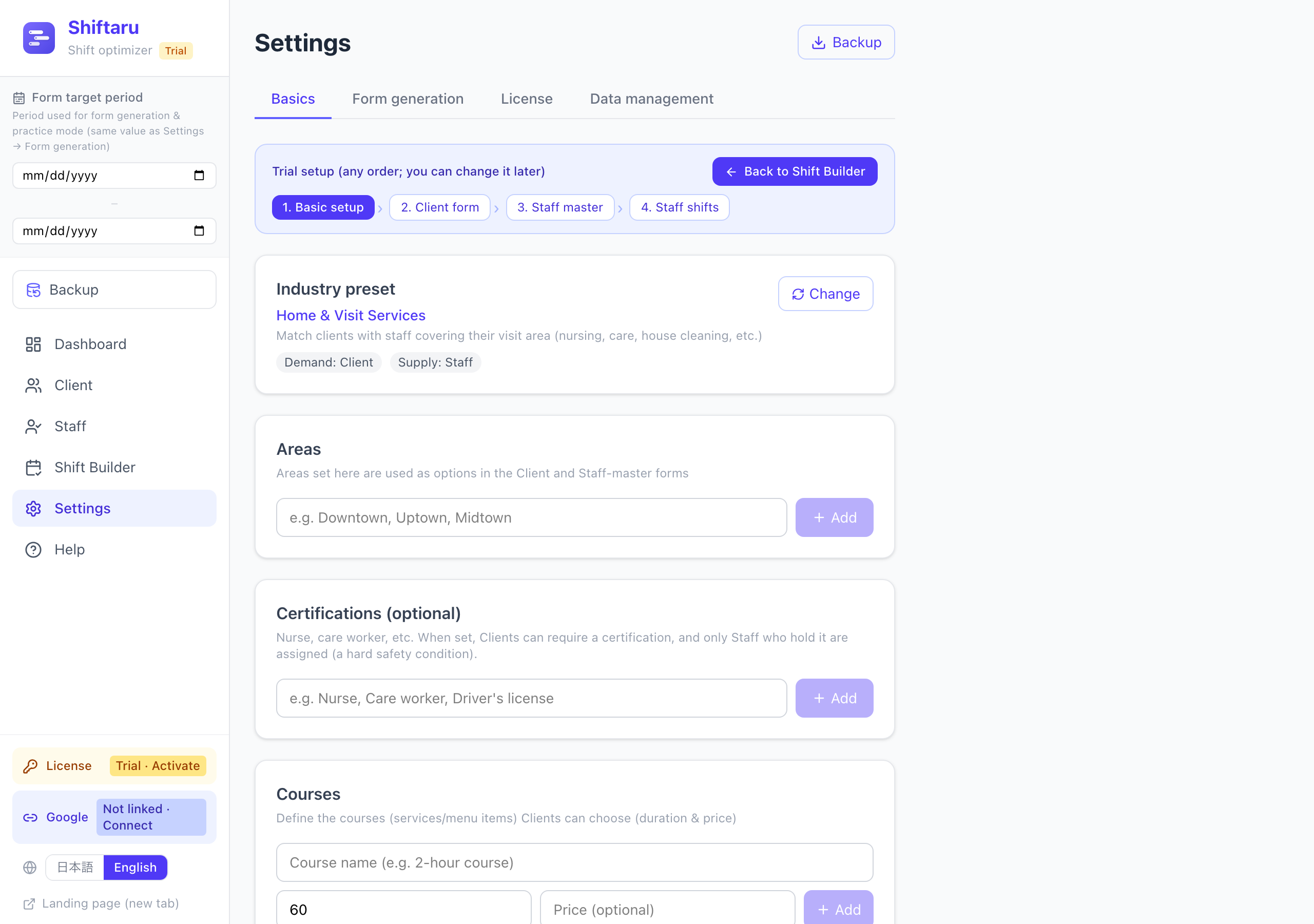 Basics for the home & visit services preset: Areas and Certifications