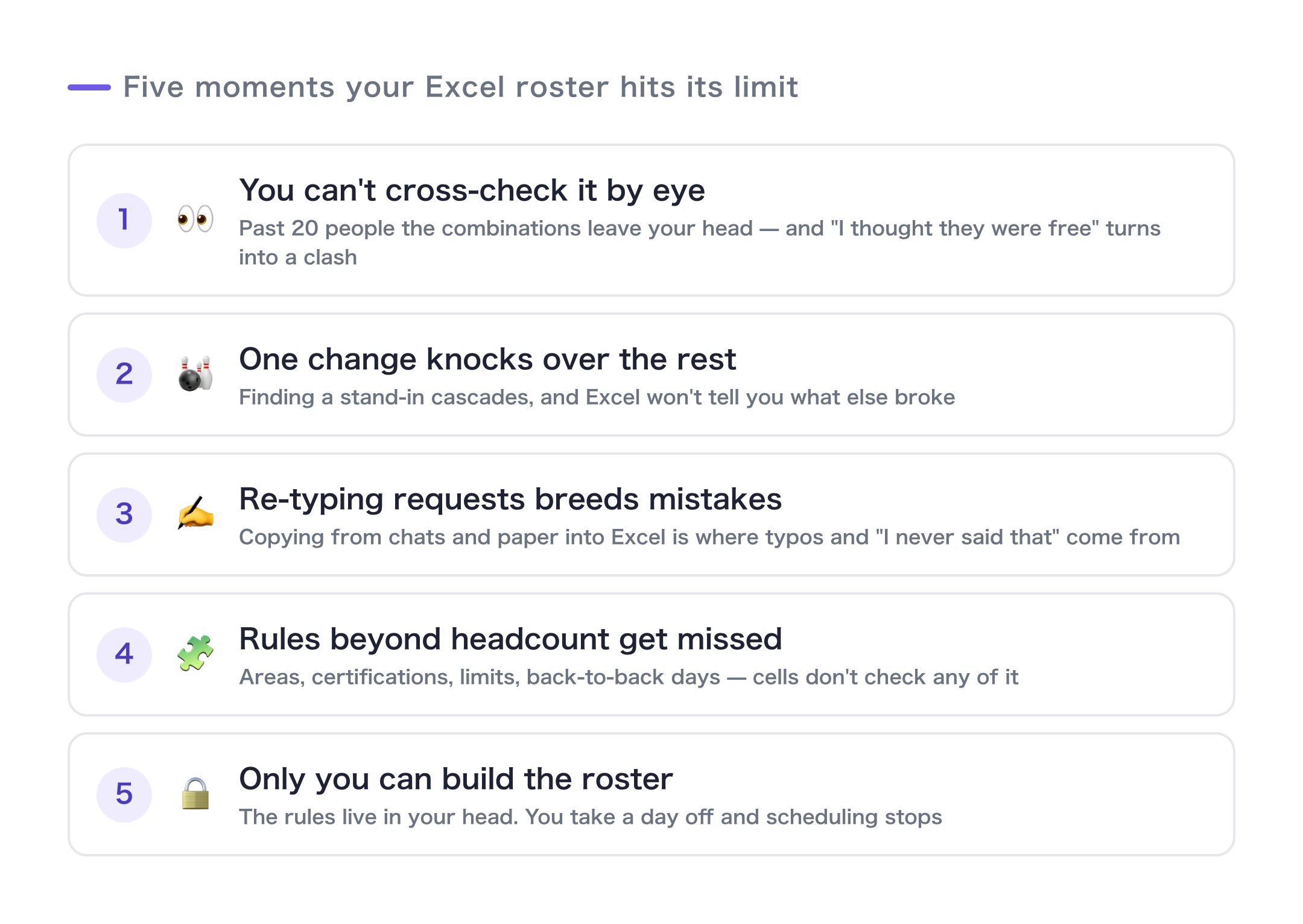 Five signs your Excel shift schedule has hit its limit: cross-checking by eye, the ripple effect of one change, transcription errors, missed constraints, and only-one-person-can-do-it