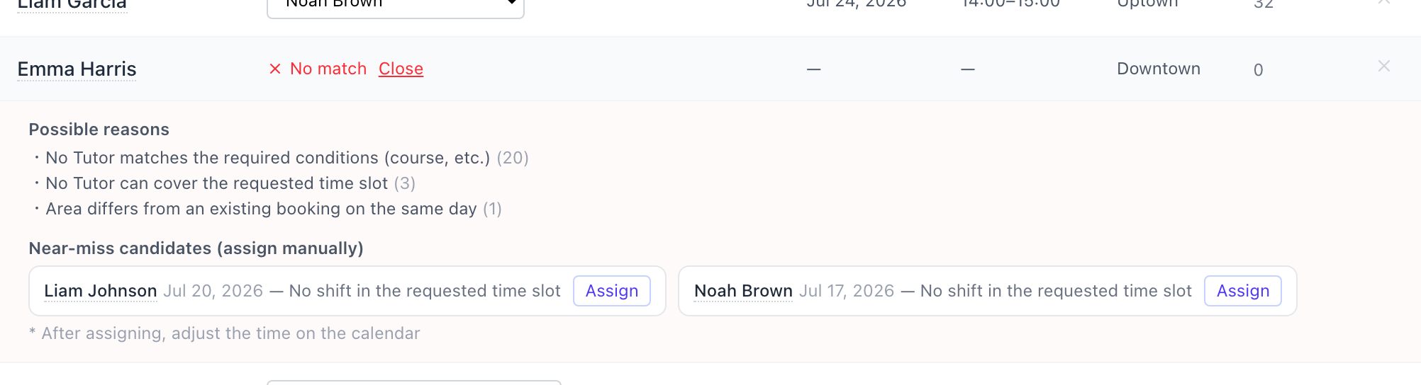 The screen you get when you open "See reasons" on a no-match row: it shows the cause (no shift, time mismatch, etc.) and near-miss candidates