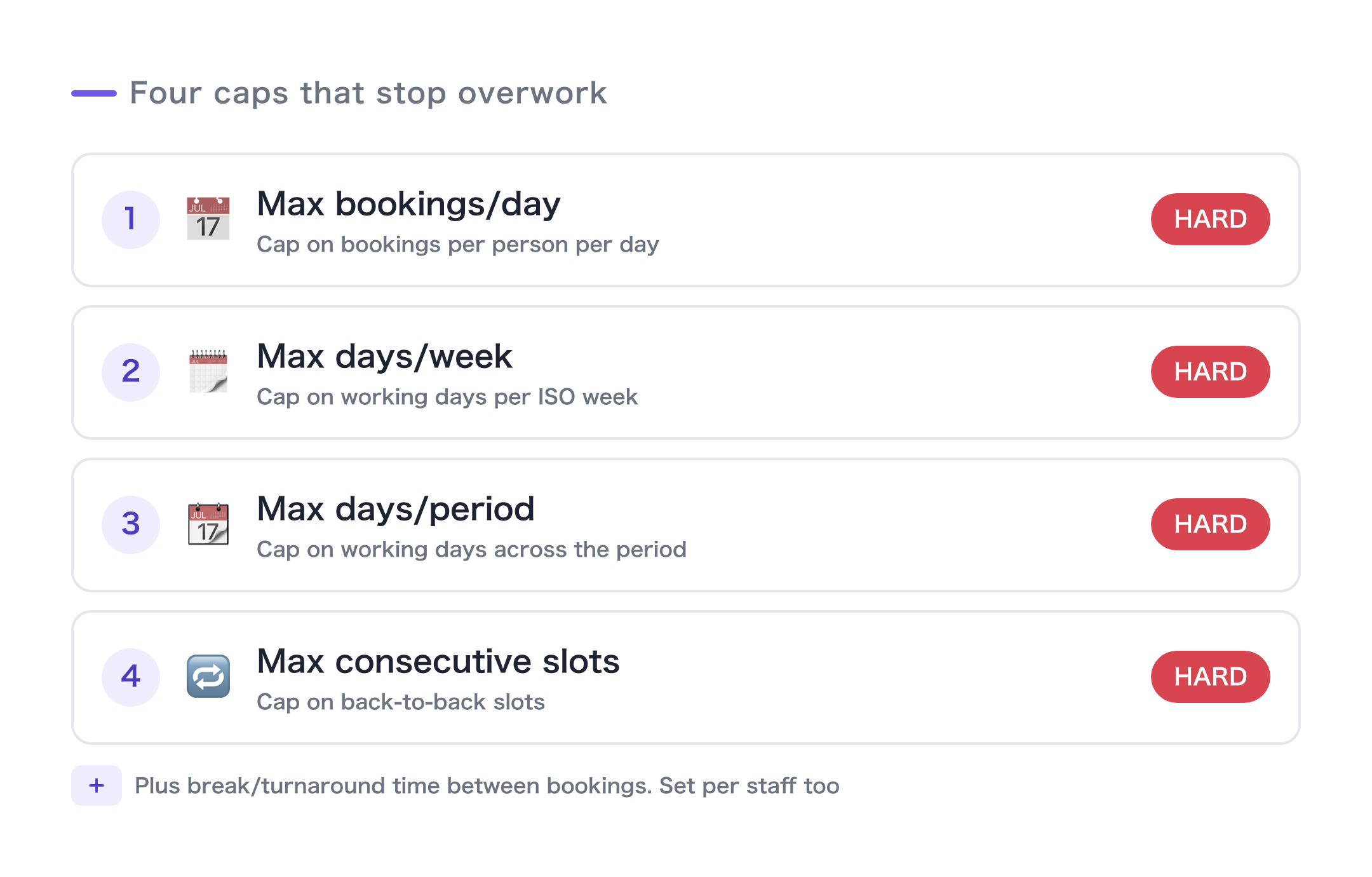 Shiftaru's working-hour caps: max bookings per day, max working days per week, max working days per period, and max consecutive slots, plus break time